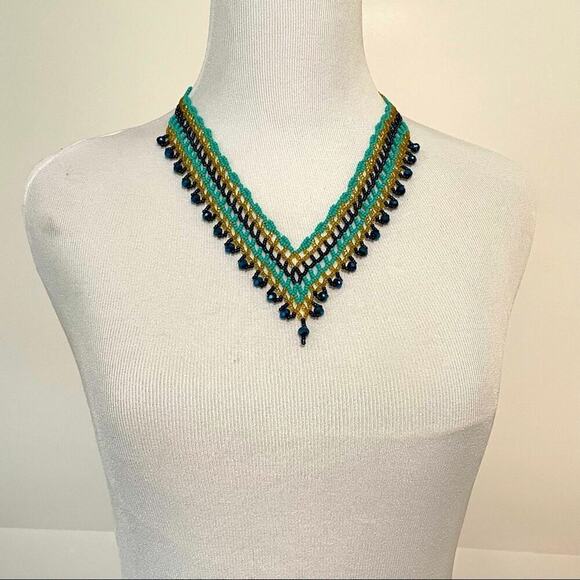Bohemian Native Handcrafted Summer Beaded Necklace turquoise/gold/blue necklace. - Picture 3 of 5
